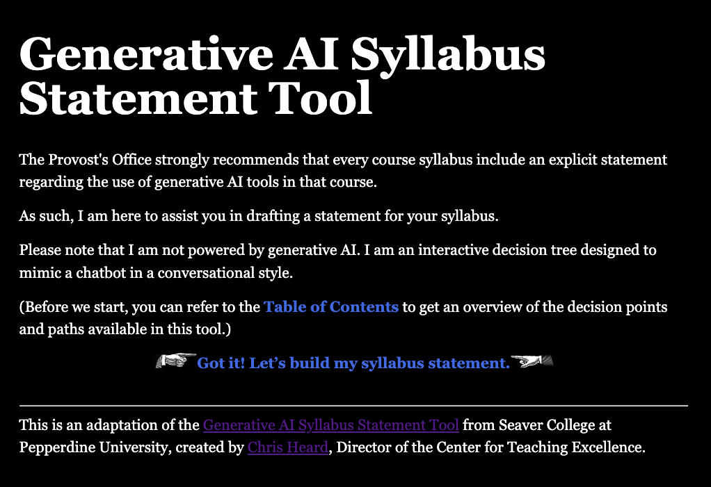 screenshot of the Generative AI Syllabus Statement Tool homepage